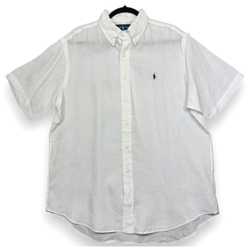 Vintage Ralph Lauren Shirt Mens L White Linen Classic Fit Short Sleeve Pony 90s
